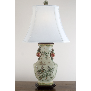 Porcelain Lamp with Shantung Silk Shade - Paradise Garden Pattern - 32t x 16w x 12d