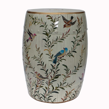 An Artisan Essence, Handmade, Handpainted Whispy Branches and Birds Garden Seat, Stool, Accent Table