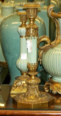 Lyvrich - Luxury Hand Painted Reproduction Porcelain and Gilt Bronze Ormolu - 15 Inch Statement Candlestick Pair - Solid Celadon