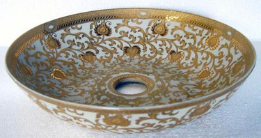 Ivory and Gold Lotus Scroll Arabesque | Luxury Handmade and Painted Reproduction Chinese Porcelain | 18 Inch Vessel Lavatory Sink | Style C41