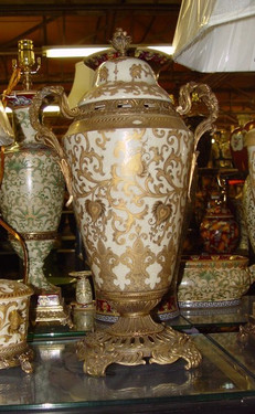 Ivory and Gold Lotus Scroll Arabesque | Luxury Handmade and Painted Reproduction Chinese Porcelain and Gilt Bronze Ormolu | 22 Inch Statement Urn, Centerpiece | Style 286