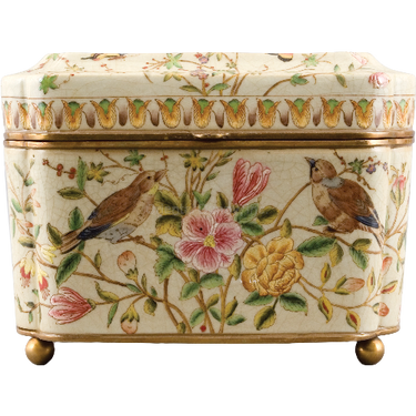 Pretty Bird Pattern - Luxury Hand Painted Porcelain and Parcel Gilt Bronze Ormolu - 11 Inch Rectangular Decorative Box