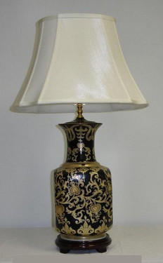Ebony Black and Gold Lotus Scroll - Luxury Handmade and Painted Reproduction Chinese Porcelain - 32 Inch Table Top Lamp Style B7L