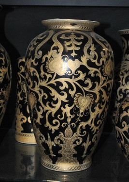 Ebony Black and Gold Lotus Scroll - Luxury Handmade and Painted Reproduction Chinese Porcelain - 14 Inch Table Top Vase, Jardiniere - Style 807