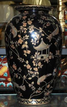 Ebony Black and Gold Pagoda - Luxury Handmade and Painted Reproduction Chinese Porcelain - 12 Inch Table Top Vase, Jardiniere - Style 807