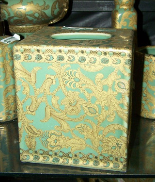 Celadon Green and Gold Arabesque - Luxury Handmade and Painted Reproduction Chinese Porcelain - 6 Inch Boudoir, Boutique Tissue Box - Style M422