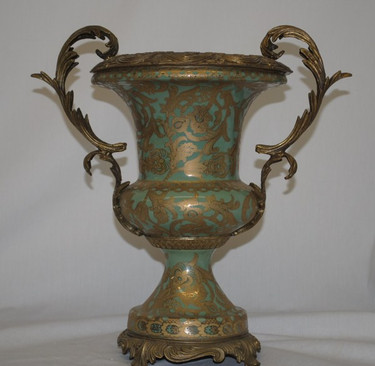 Celadon Green and Gold Arabesque - Luxury Handmade and Painted Reproduction Chinese Porcelain and Gilt Bronze Ormolu - 14 Inch Trophy Urn Style A857
