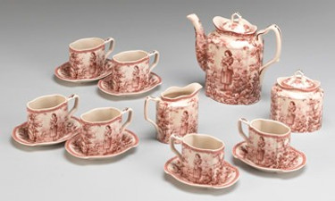 Red and White Pattern - Luxury Reproduction Transferware Porcelain - 15 Piece Tea Set 1312 AAA