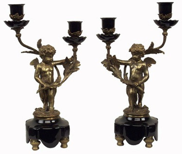 Ebony Black - Luxury Hand Painted Porcelain and Gilt Bronze Ormolu - 16 Inch 2 Arm Taper Candle Holder Pair, Candelabra Set, 1302