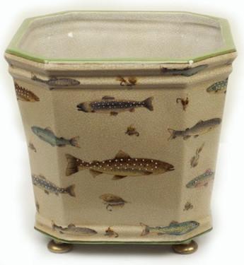 Hundred Fish - Luxury Hand Painted Porcelain - 8.75 Inch Cut Corner Square Planter