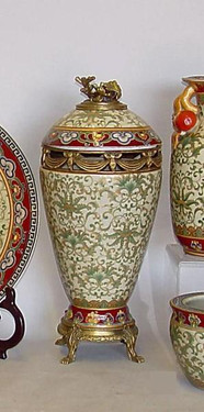 Chinese Red and Fern Green - Luxury Handmade and Painted Reproduction Chinese Porcelain and Gilt Bronze Ormolu - 20 Inch Statement Urn - Style A188