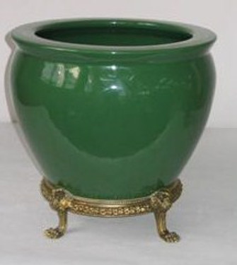 Solid Green Decorator Solids - Luxury Handmade and Painted Reproduction Chinese Porcelain and Gilt Bronze Ormolu - 18 Inch Fish Bowl | Fishbowl Statement Planter