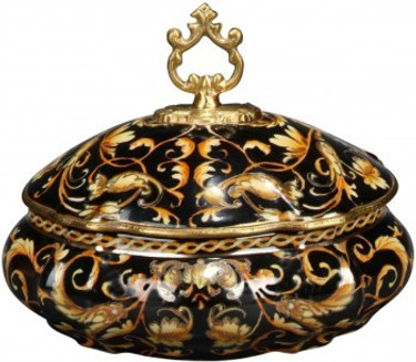 Luxe Life Black with Gold Scroll Pattern - Luxury Hand Painted Porcelain and Gilt Bronze Ormolu - 8 Inch Round Decorative Box