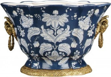 Luxe Life Blue with White Floral Pattern - Luxury Hand Painted Porcelain and Gilt Bronze Ormolu - 13 Inch Oval Planter
