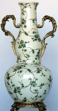 Creme and Green Ivy - Luxury Handmade and Painted Reproduction Chinese Porcelain and Gilt Bronze Ormolu - 17 Inch Table Top, Mantle Vase Style B91