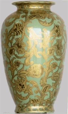 Celadon Green and Gold Arabesque - Luxury Handmade and Painted Reproduction Chinese Porcelain - 12 Inch Mantle Vase, Jardiniere - Style 807