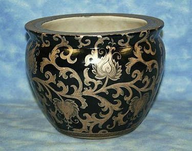 Ebony Black and Gold Lotus Scroll - Luxury Handmade and Painted Reproduction Chinese Porcelain - 14 Inch Fish Bowl | Fishbowl, Planter Style 35