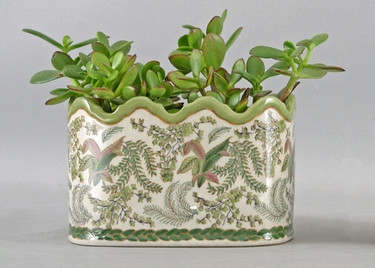 Classic Fern Pattern - Luxury Hand Painted Porcelain - 8 Inch Scalloped Edge Orchid Pot, Planter