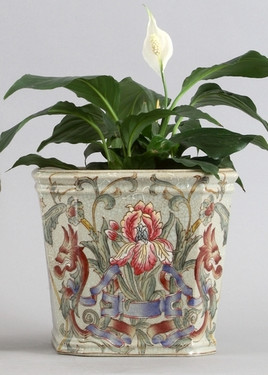 Iris Garden Pattern - Luxury Hand Painted Porcelain - 7.5 Inch Square Orchid Pot, Planter