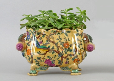 Yellow Floral Pattern - Luxury Hand Painted Porcelain - 10 Inch Orchid Pot, Planter