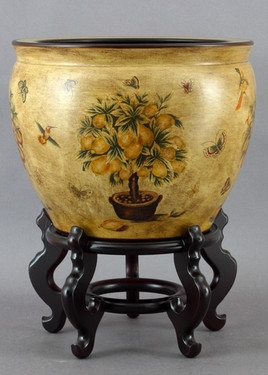 Porcelain Fish Bowl | Fishbowl Planter - Ornamental Lemon Topiary Pattern - 16 Inch Size