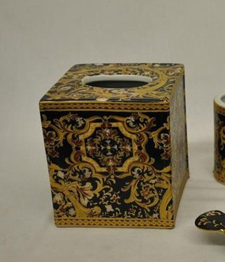 Ebony Black Medallion and Gold - Luxury Handmade and Painted Reproduction Chinese Porcelain - 6 Inch Boudoir, Boutique Tissue Box - Style M422