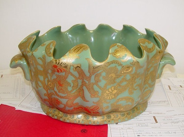 Celadon Green and Gold Arabesque - Luxury Handmade and Painted Reproduction Chinese Porcelain - 12 Inch Scalloped Shell Footbath Planter or Centerpiece - Style C591