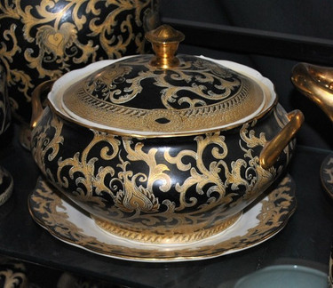 Ebony Black and Gold Lotus Scroll - Luxury Handmade and Painted Reproduction Chinese Porcelain - 12 Inch Decorative Tureen Centerpiece - Undulated Edge Style 781