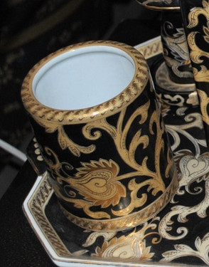 Ebony Black and Gold Lotus Scroll - Luxury Handmade and Painted Reproduction Chinese Porcelain - 04 Inch Toothbrush Holder, Pen Cup - Style G722