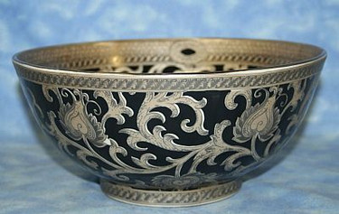 Ebony Black and Gold Lotus Scroll - Luxury Handmade and Painted Reproduction Chinese Porcelain - 14 Inch Round Centerpiece Bowl Style 78