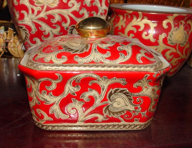 French Red and Gold Lotus Scroll - Luxury Handmade and Painted Reproduction Chinese Porcelain - 7 Inch Decorative Box, Container - Style 77