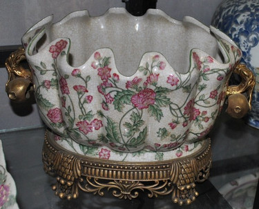 Pink Carnations and Roses - Luxury Handmade and Painted Reproduction Chinese Porcelain and Gilt Bronze Ormolu - 14 Inch Scalloped Shell Footbath, Planter, Centerpiece - Style J 591