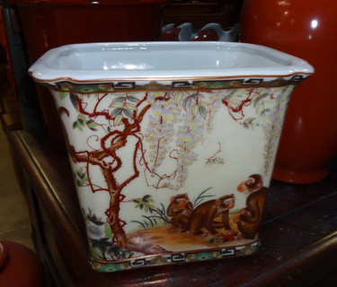 Merry Monkeys, Luxury Handmade Reproduction Chinese Porcelain, 10t x 7L Rectangular Wastebasket, Style 647