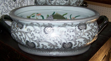 White and Sterling Silver Lotus Scroll - Luxury Handmade and Painted Reproduction Chinese Porcelain - 18 Inch Footbath, Planter, Centerpiece Style 951