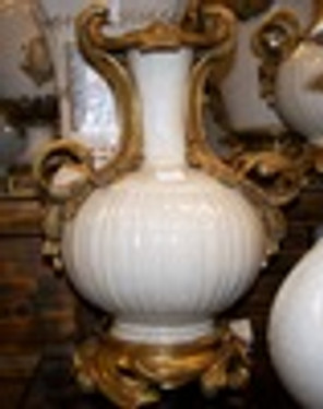 Lyvrich Handmade Luxury Porcelain and Gilded Ormolu - 12 Inch Statement Mantle Vase - Crackle White