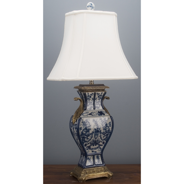 Traditional Blue and White Porcelain Lamp with Bronze Accents