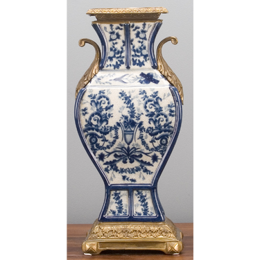 Blue and White 18" Porcelain Vase with Bronze Accents