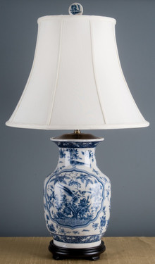 Traditional Blue and White Porcelain Lamp and Wooden Stand