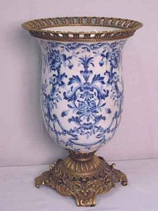 Blue and White Floral Pattern - Luxury Hand Painted Porcelain and Gilt Bronze Ormolu - 15 Inch Flower Vase