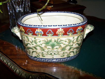 Style 591B, Chinese Red and Fern Green, Luxury Handmade Chinese Reproduction Porcelain, 11L x 6.75d x 5t Centerpiece Planter, Style 591B