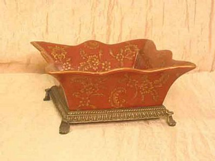 Red and Gold - Luxury Hand Painted Porcelain and Gilt Bronze Ormolu - 10 Inch Square Scalloped Edge Planter, Bowl