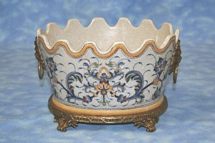 Florentine Pattern - Luxury Hand Painted Porcelain and Gilt Bronze Ormolu - 9 Inch Oval Scalloped Edge Planter