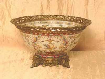 Crane in Flight - Luxury Hand Painted Porcelain and Parcel Gilt Bronze Ormolu - 10 Inch Bowl, Centerpiece