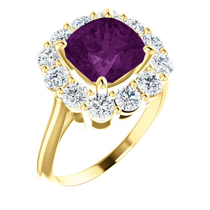 9 x 9 Benzgem by GuyDesign® Cushion Lab-Created Chrysoberyl 9 x 9 Alexandrite and 01.80 Carats of Round Imitation Diamonds, Diana Princess of Wales Ring, 14k Yellow Gold, 6892