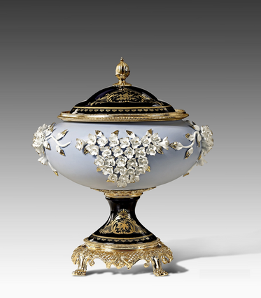 Lyvrich | Handmade Fine Porcelain Flowers, Jar, Centerpiece Urn, | Porcelain with Gilded Dior Ormolu Trim, | 15"t X 13"w X 12.25"d | 6568