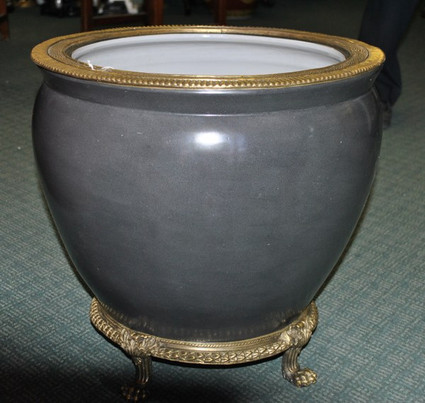 Style Q35 - Pantone Grey | Gray Decorator's Choice Solid - Luxury Handmade LCP Chinese Porcelain and d'or Brass Ormolu - 18 Inch English Regency Cachepot, Fish Bowl | Fishbowl Statement Planter - Style Q35