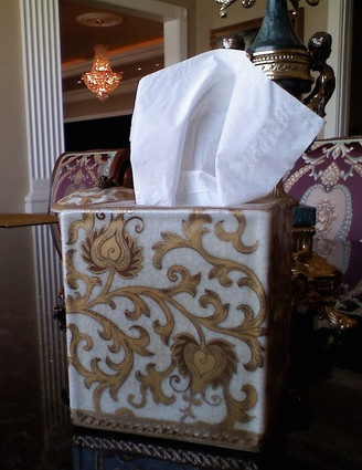 Ivory and Gold Lotus Scroll - Luxury Hand Painted Reproduction Chinese Porcelain - 6 Inch Boudoir - Boutique Tissue Box - Style M422