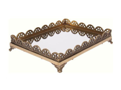 Luxe Life Solid Brass and Glass Mirror - Rectangular 14 Inch Display or Serving Tray - Filigree Styling