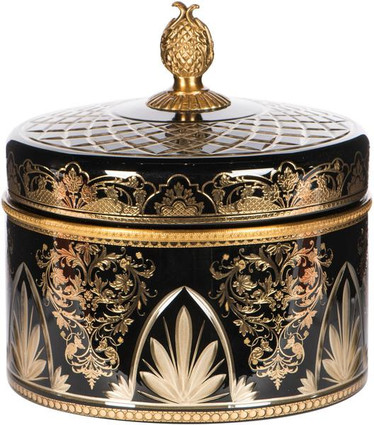 Luxe Life Finely Finished Ebony Black Cut Glass and Gilt Bronze Ormolu, 8" Round Decorative Box