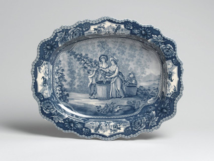 Blue and White Porcelain Transferware Decorative Plate | Platter | Toile, Women and Child Design | Scenic Countryside | Floral Serpentine Edge - 17d X 20.5L x 2t